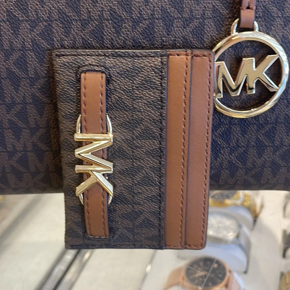 MICHAEL KORS Reed Large Pebbled Leather Card Holder Case Wallet  BROWN MK NWT